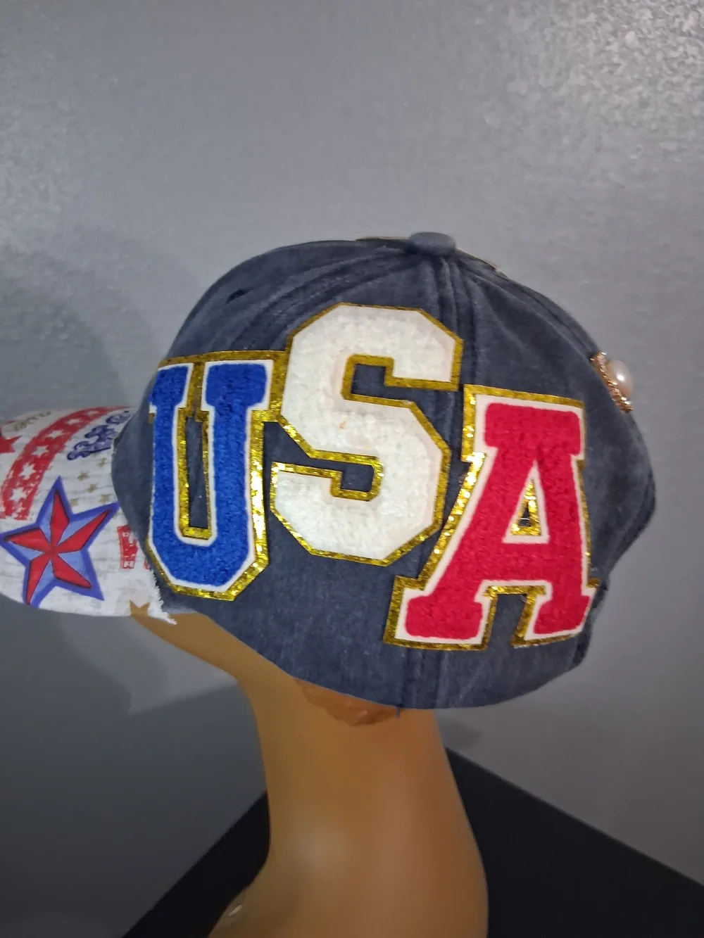 Hand Crafted USA Patriotic Baseball Cap in Gray, Red, White, Blue